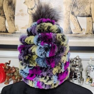 Multicolor Faux Fur Pom Pom Real Rex Chinchilla Luxury Fur Hat